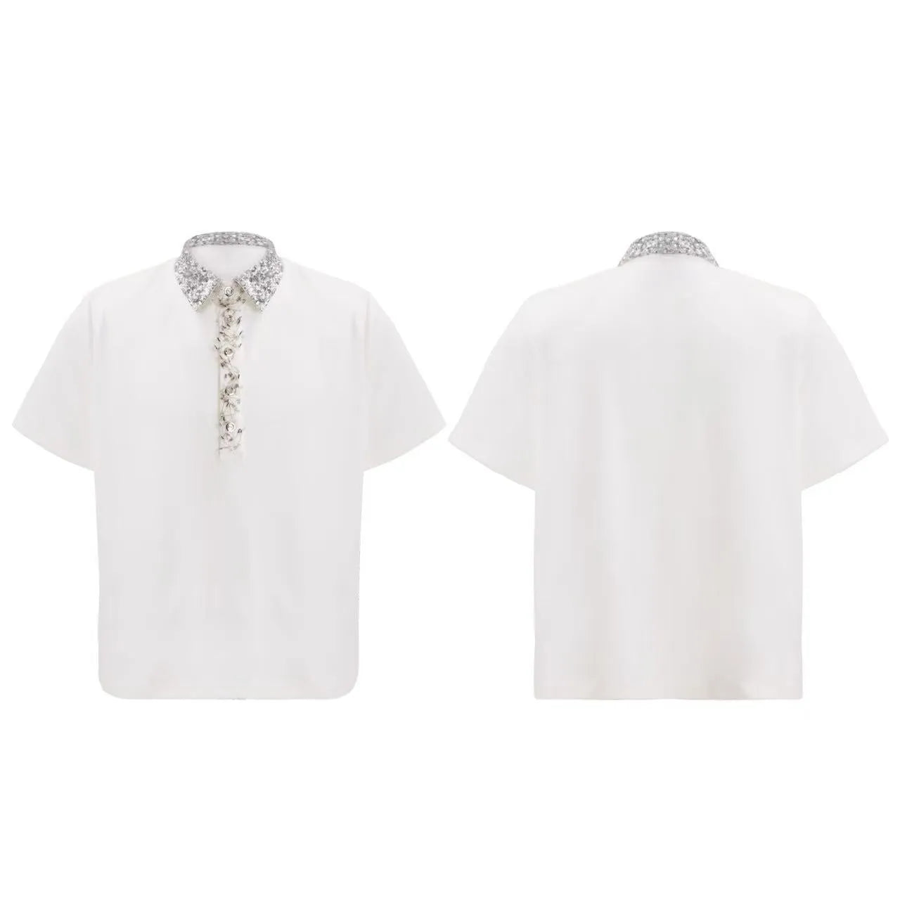 Men's black polo T-shirt with heavy embroidery sequin decoration and square collar design