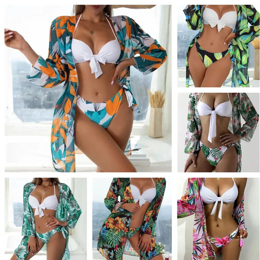 Women's three-piece mesh split bikini swimsuit in polyester fabric