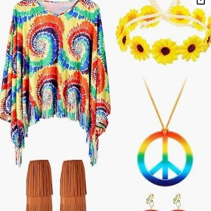 Tie dye cloak costume with colourful bell sleeves and irregular pattern for Halloween