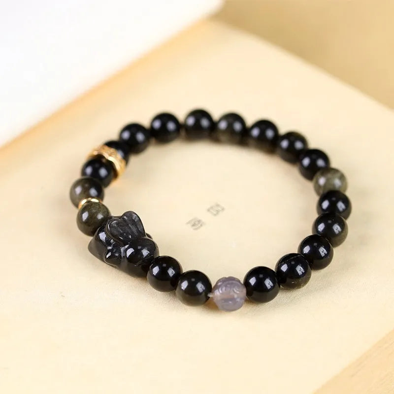 Handmade lying rabbit obsidian bracelet in national style with brass and gray agate