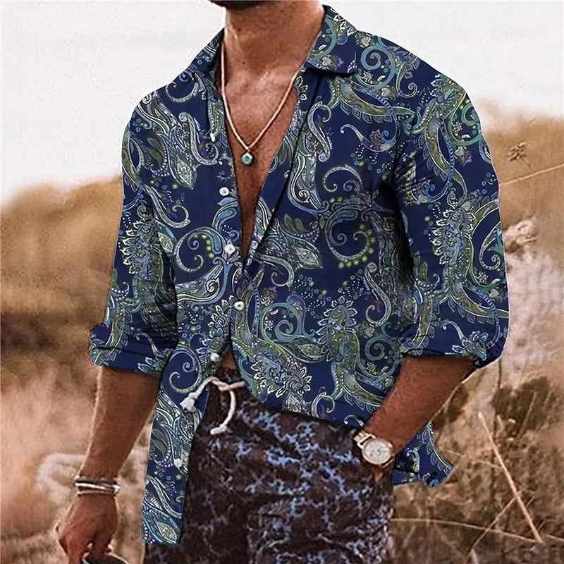 Men's Bohemian style shirt with 3D floral pattern printing, long sleeves and loose fit