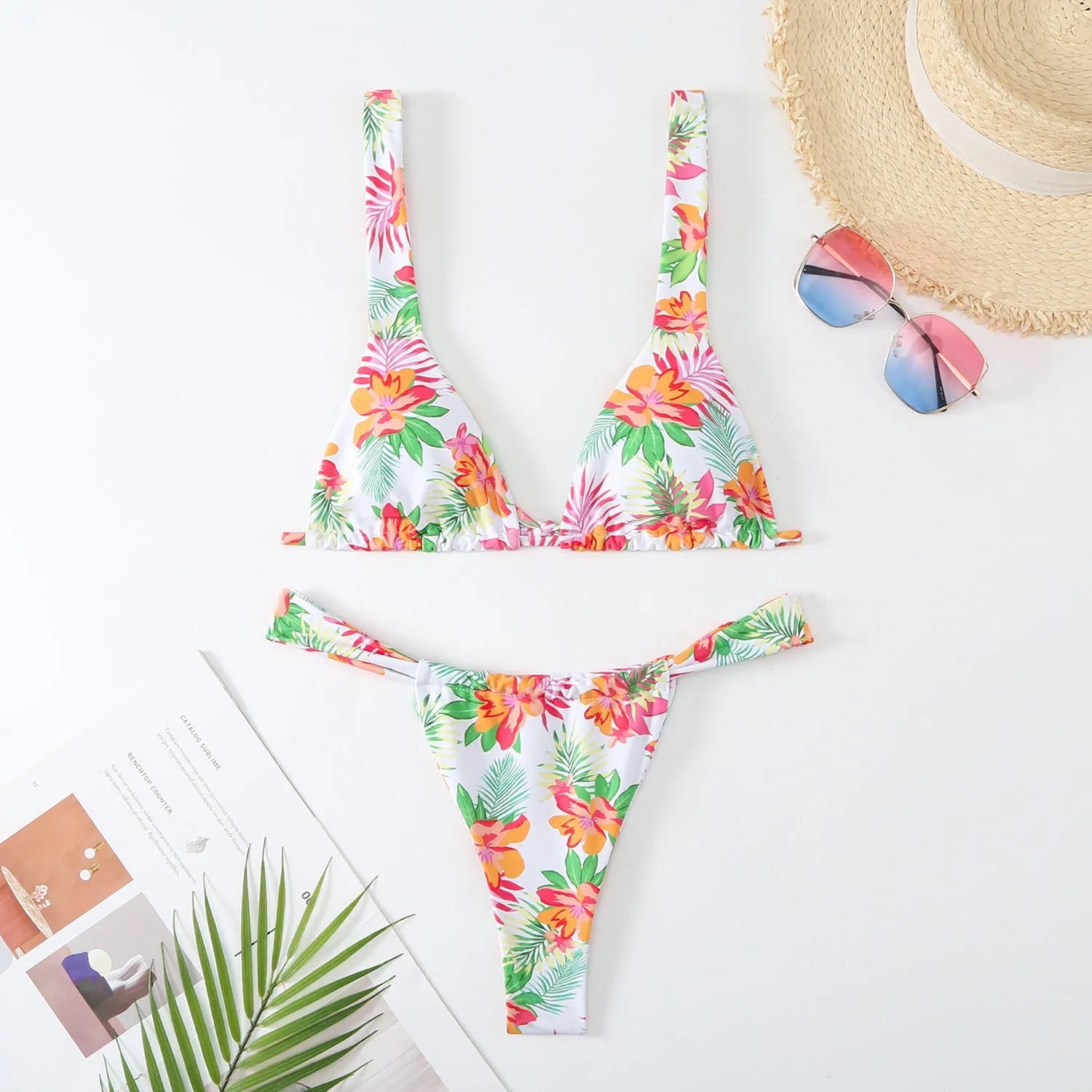Women's floral-print bikini swimsuit in blue, rose red, sky blue, or white colours