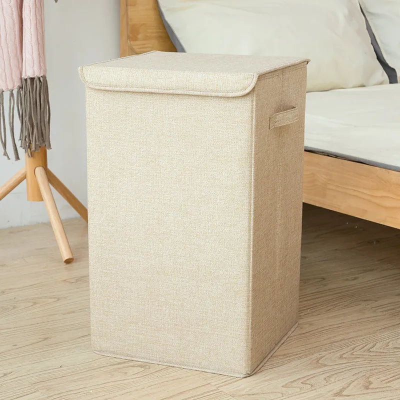 Foldable cotton linen storage basket in modern simple style shown in grey colour