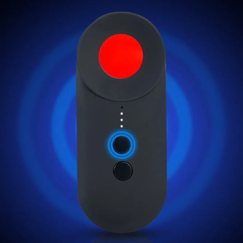 Black handheld GPS and camera detector with display, measuring 93.8mm long, shown with a USB charging cable.