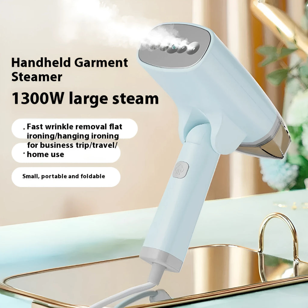 Handheld garment steamer in blue or white with compact design and mechanical controls