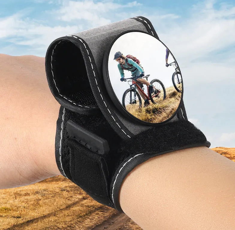 Black nylon wrist-mounted cycling rear-view mirror with adjustable strap