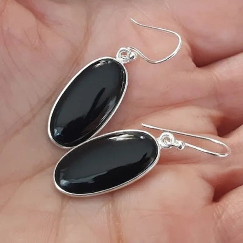 Women's geometric earrings with oval black agate pendant on 925 silver-plated alloy posts