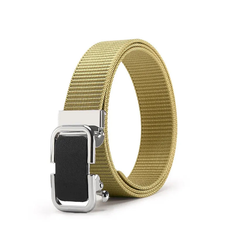 Men's navy blue nylon canvas belt with a silver alloy toothless buckle on a 120cm strap.