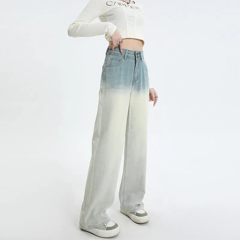 Women's straight-leg cotton denim trousers in a gradient blue colour with a wide leg fit.