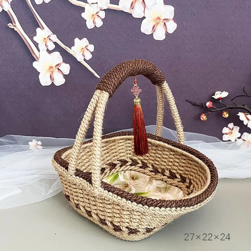 Small hand-woven coffee brown straw basket with retro pastoral style measuring 19x12cm