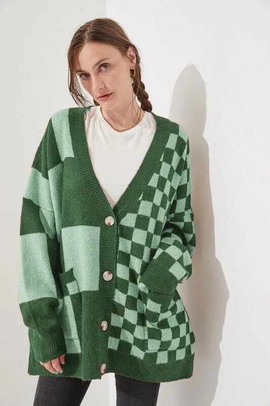 Loose fit printed checks cardigan knitwear in multiple colour options showing front view