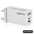White Gallium Nitride 65W laptop charger with EU UK US plugs showing compact size