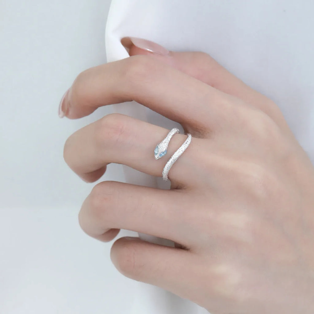Adjustable opening silver snake zodiac ring with platinum electroplated finish