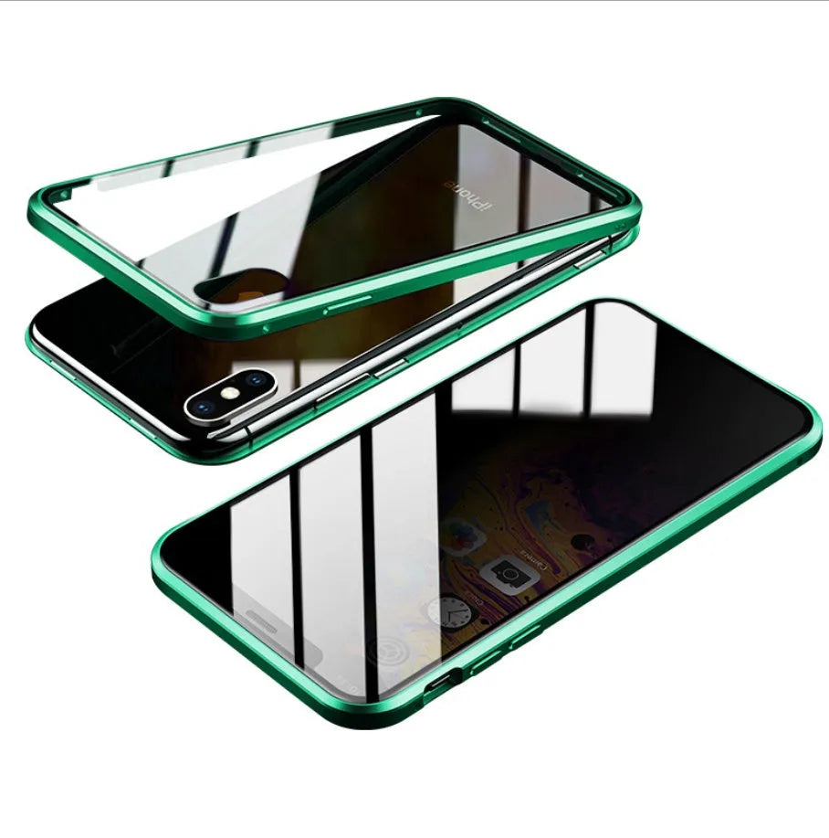 A glass clamshell anti-spy privacy case for iPhone, shown in a solid colour with a geometric design.