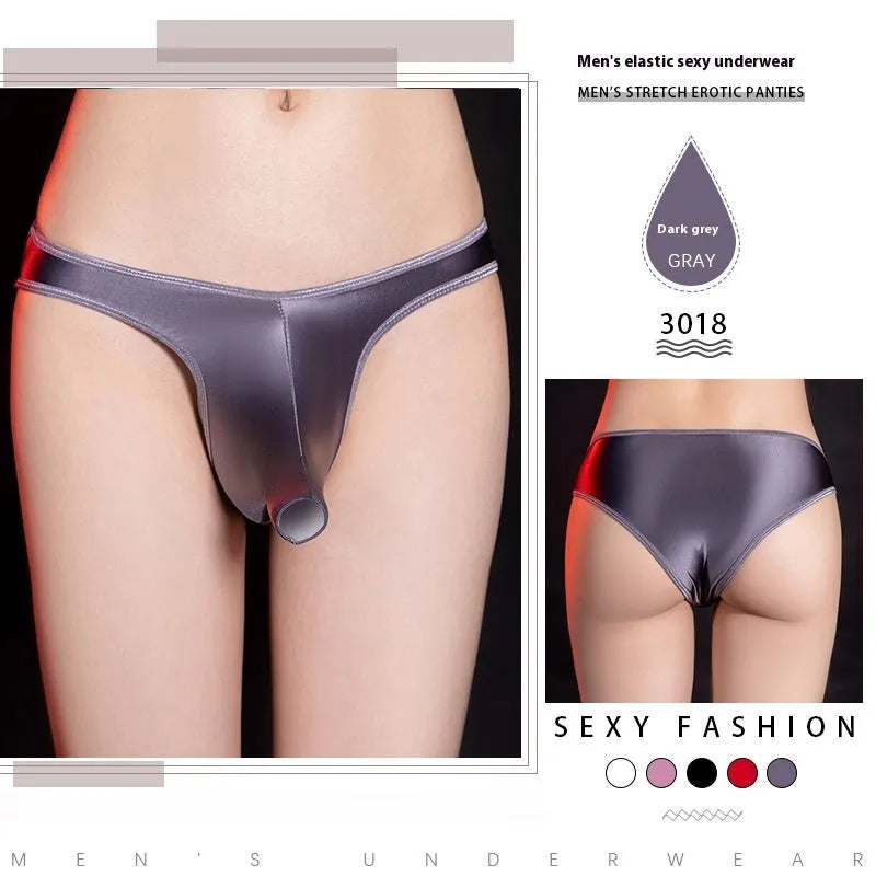 Men's shiny nylon low waist T-back underwear on a colour swatch showing black, grey, pink, red and white.