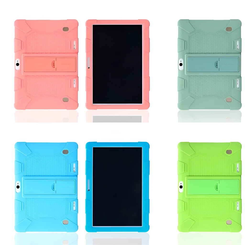 Little Overlord H10 Pro M20 10.1-inch tablet in a black silicone protective case with a folded-out stand on the back.