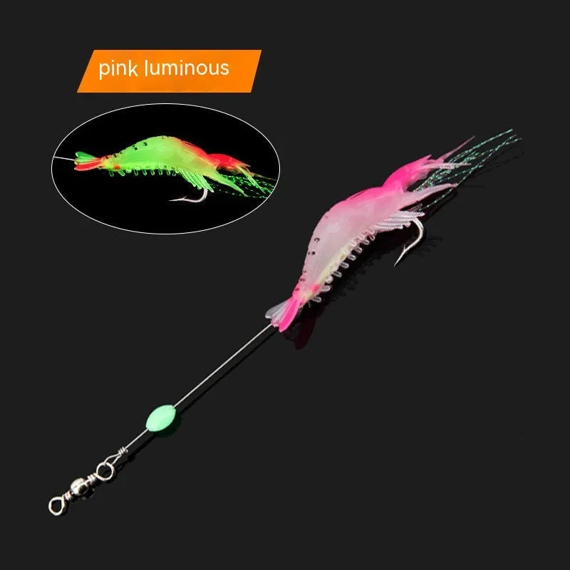 Six Luer soft fishing lures with hooks in assorted colours including black head yellow body and luminous pink
