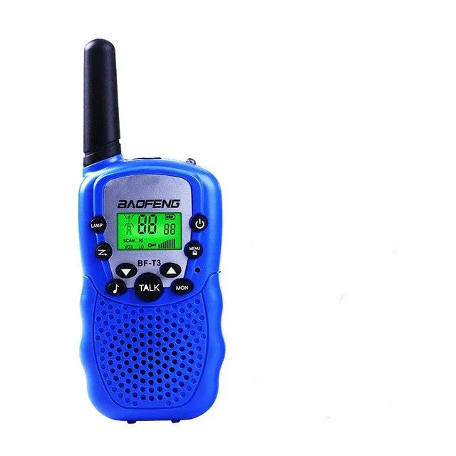 Child's handheld walkie talkie in choice of colours showing 22-channel display and UHF frequency range.