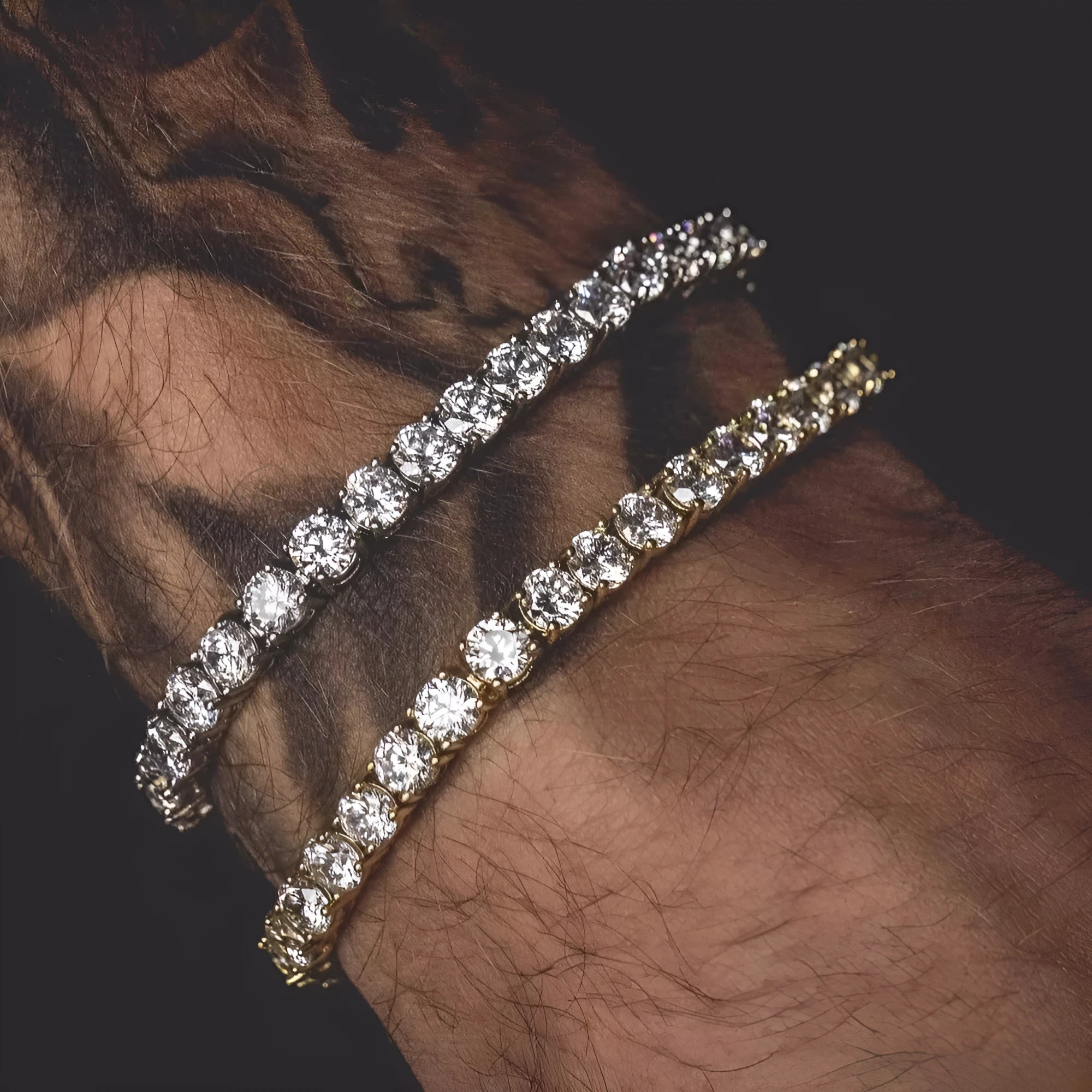Men's iced out hip hop bracelet with single row rhinestones and zirconia tennis charm on geometric alloy chain links