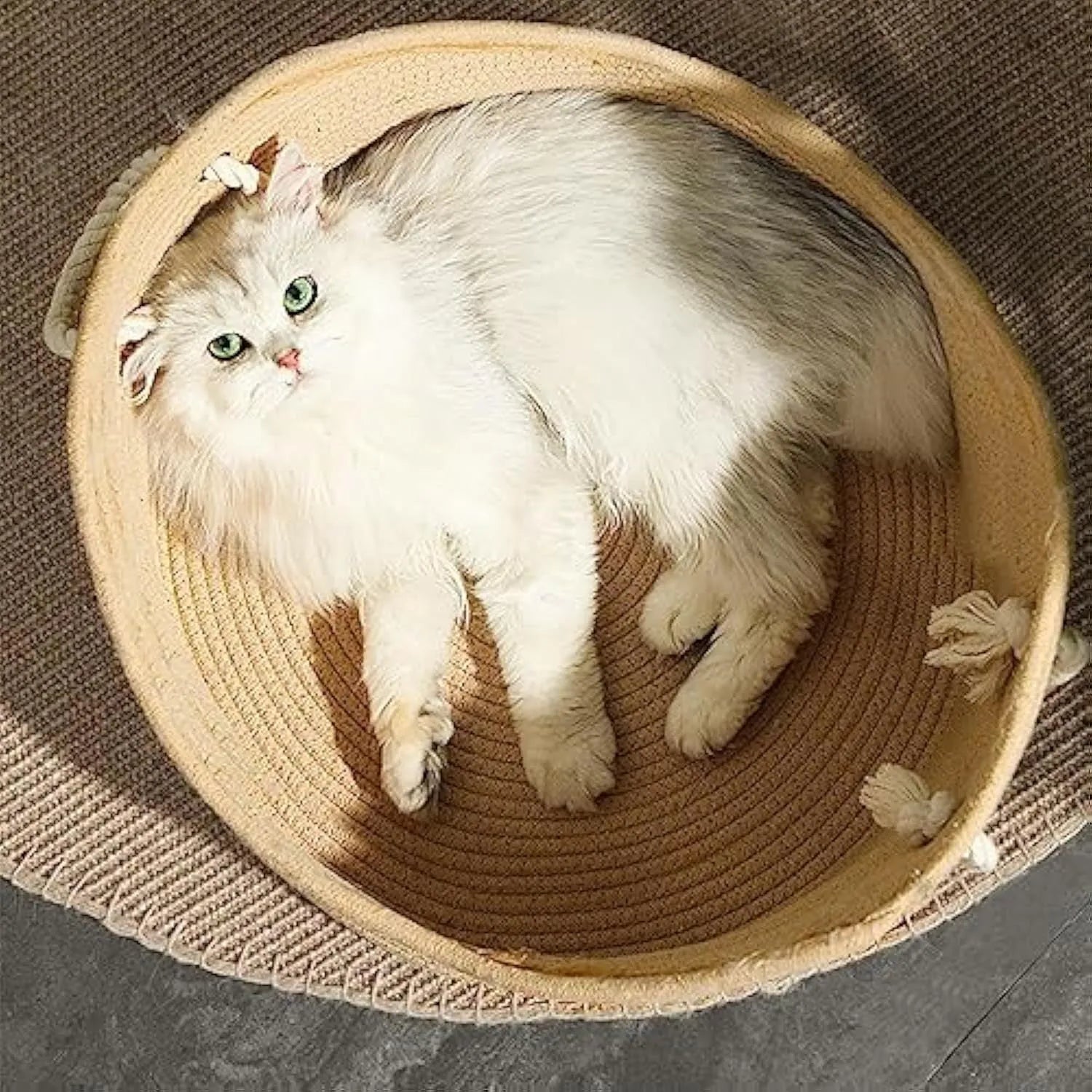 Wicker style cat bed basket with built-in corrugated scratching board in two size options