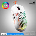 Wireless gaming mouse with RGB lighting in black, green, pink, white, and yellow colour options showing dual-mode connectivity