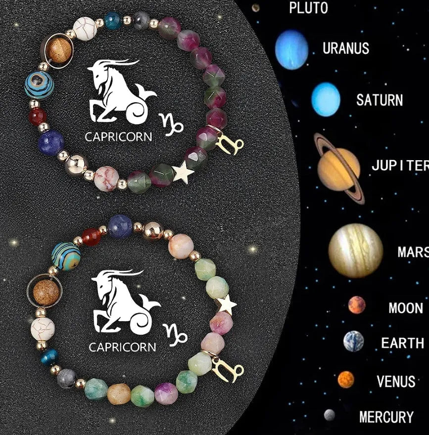 Twelve zodiac sign bracelets with natural stone beads arranged in a circle showing different designs