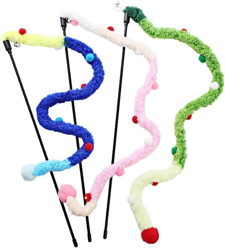 Blue green pink plush strip cat wand toy with 41cm pole and 60cm colourful strip with fluffy bell ball