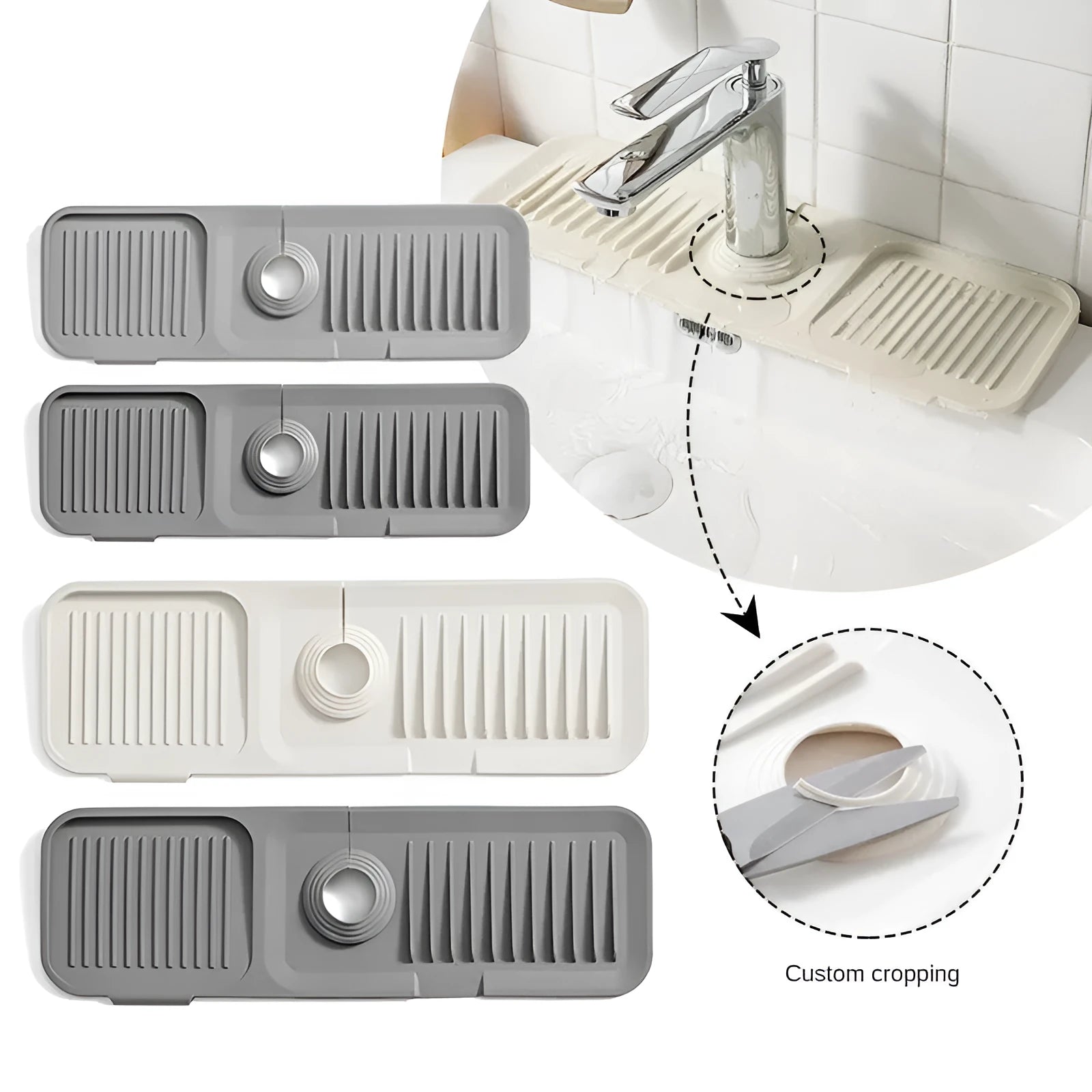 Beige silicone faucet splash guard pad with a sloped design and two circular drain holes, placed under a kitchen tap.