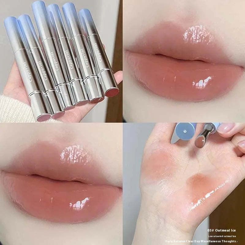 Mirror Water Light Lip Gloss Lipstick in six sheer ice colours including almond, raspberry, and pear.
