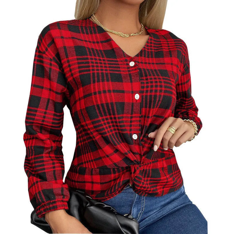 Women's purple plaid polyester shirt with loose casual cut and regular sleeves on hanger