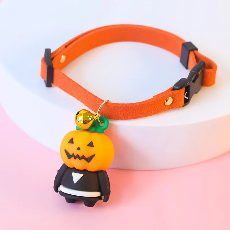 Halloween dog collar decoration in luminous ghost, luminous skull, or pumpkin man patterns on a polyester band.