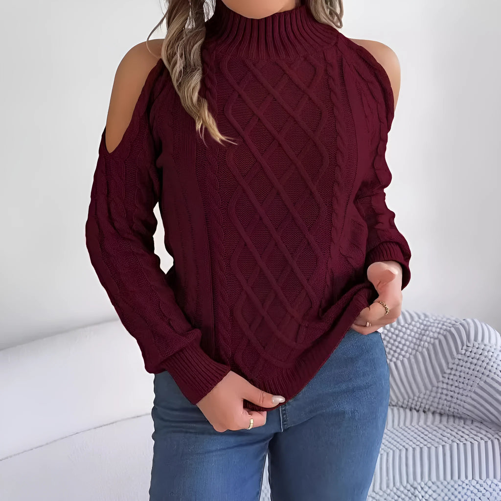 Women's grey acrylic sweater with twisted pattern, strapless half-high collar and lantern sleeves