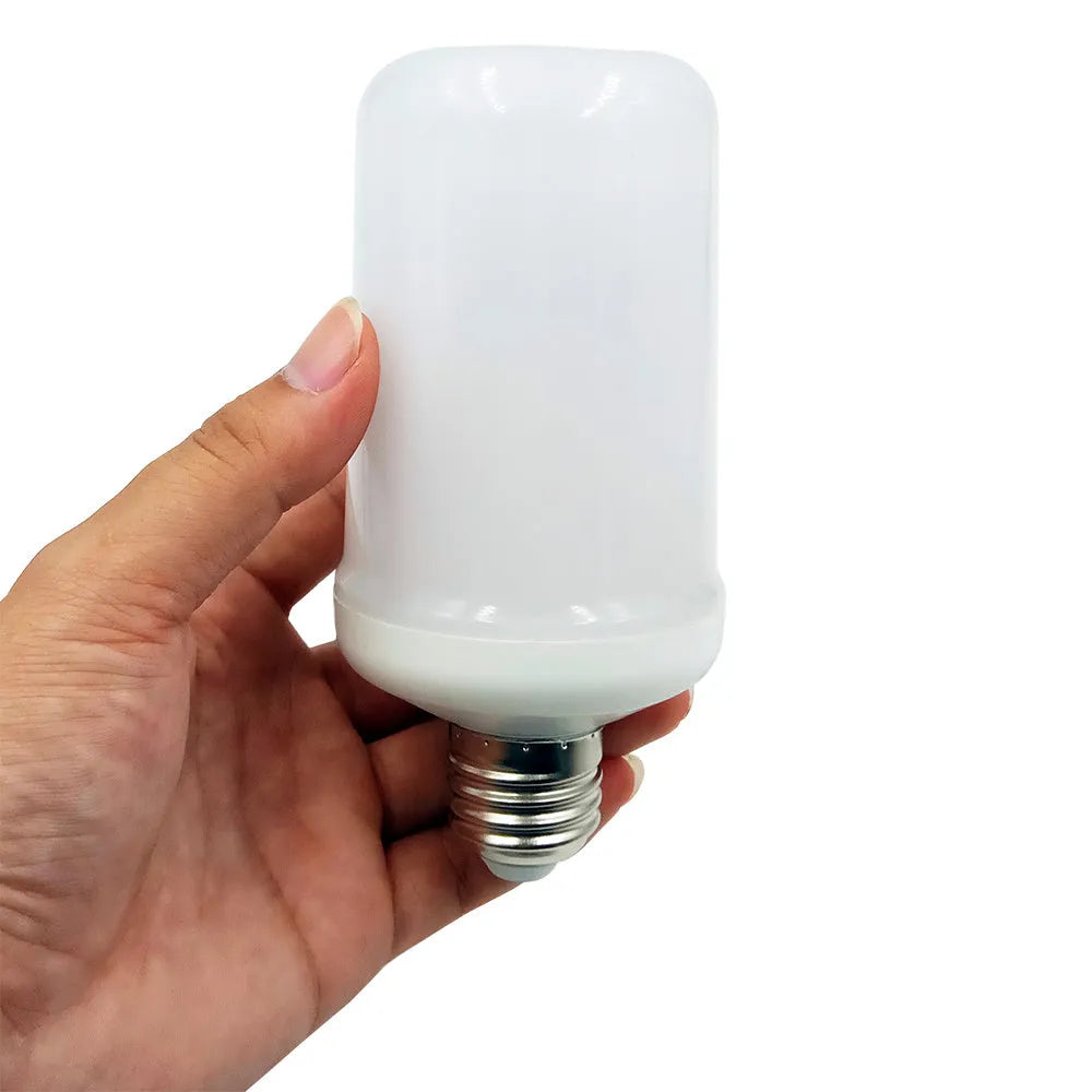 7W LED flame effect bulb showing flickering fake fire light in three modes