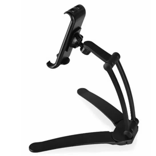 Silver aluminium alloy desktop tablet stand holding a tablet, showing 360-degree rotation adjustment.
