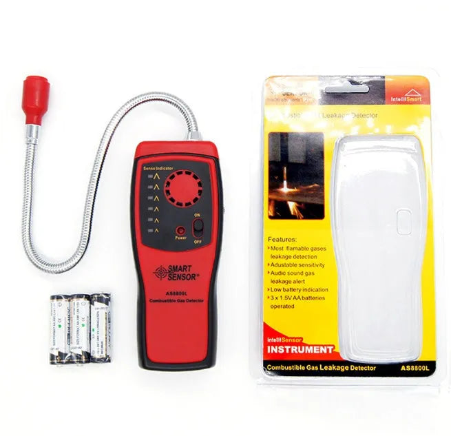 AS8800L portable flammable gas detector unit showing front display and LED light alert.