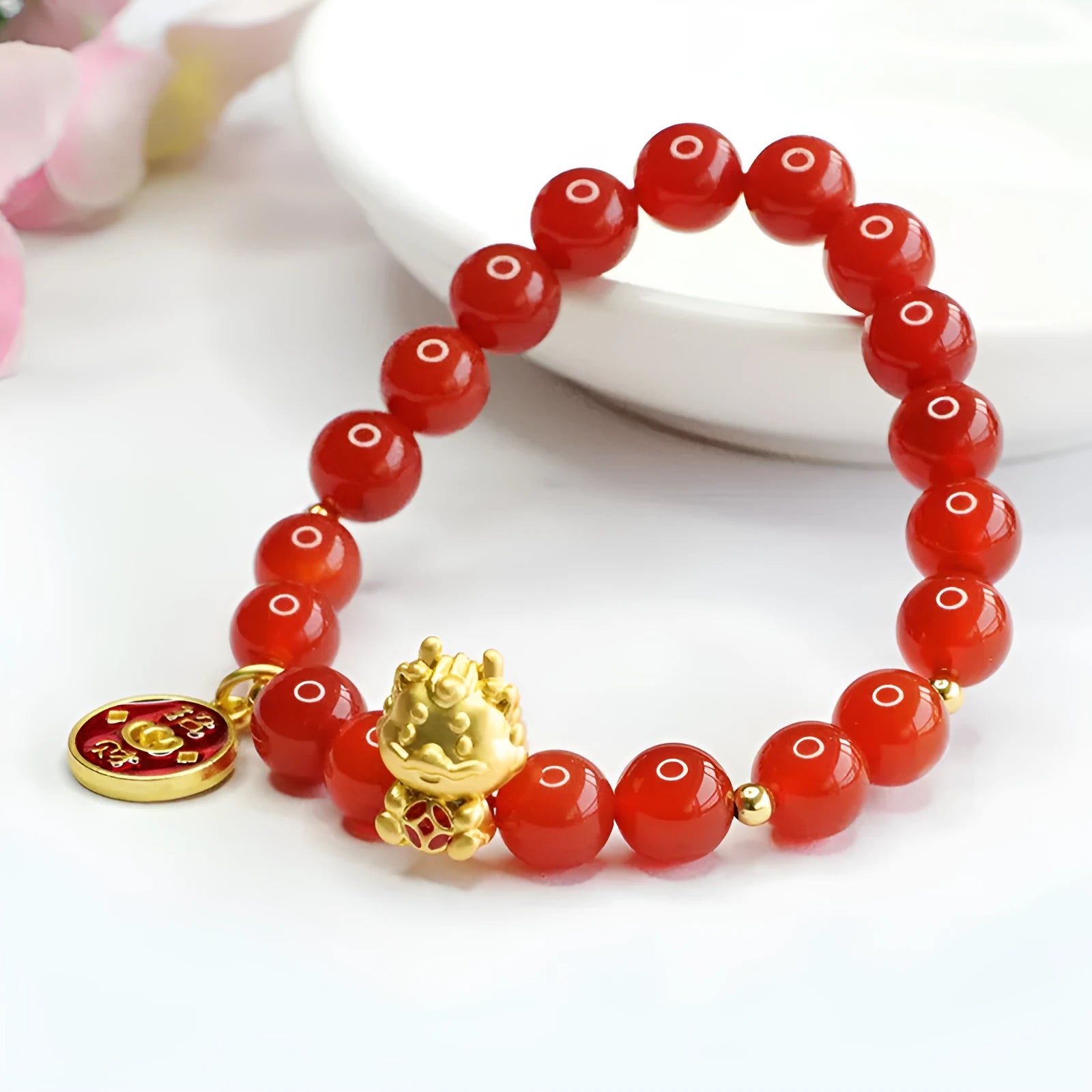 Red agate bead bracelet for Chinese zodiac dragon, beads are 8mm.