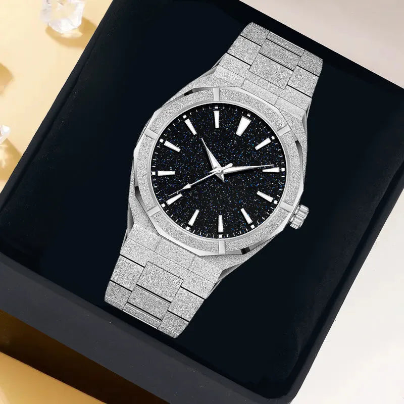 Men's frosted stainless steel business watch with luminous markers in silver colour