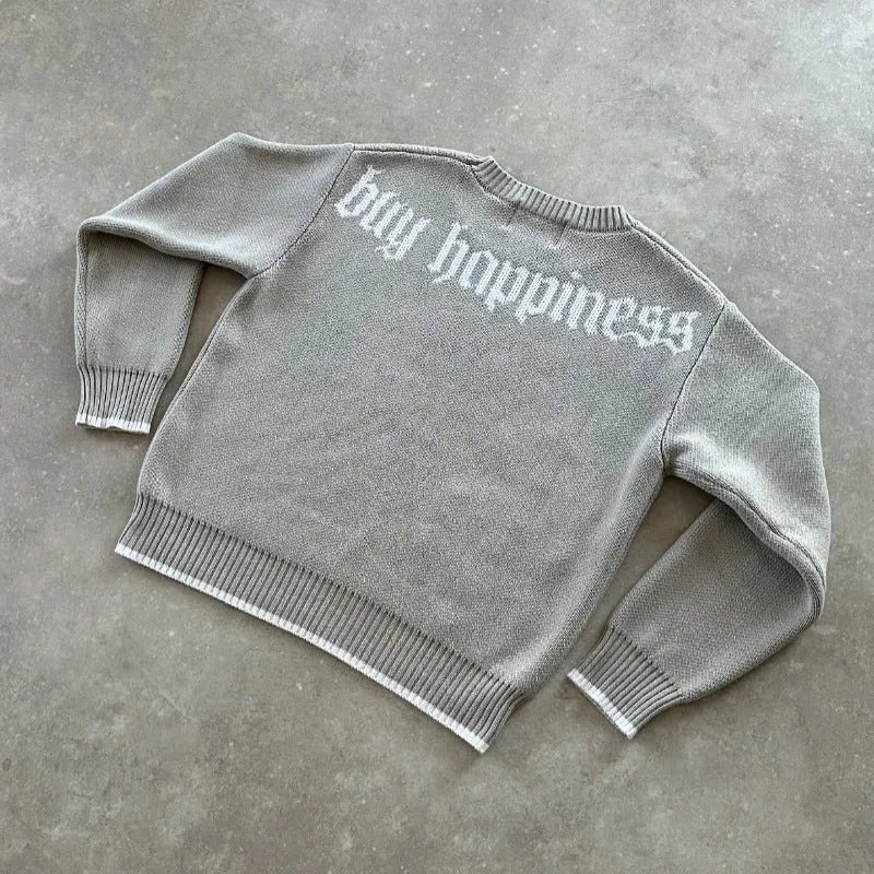 Grey loose-fitting jacquard knitwear coat with long sleeves and pullover style