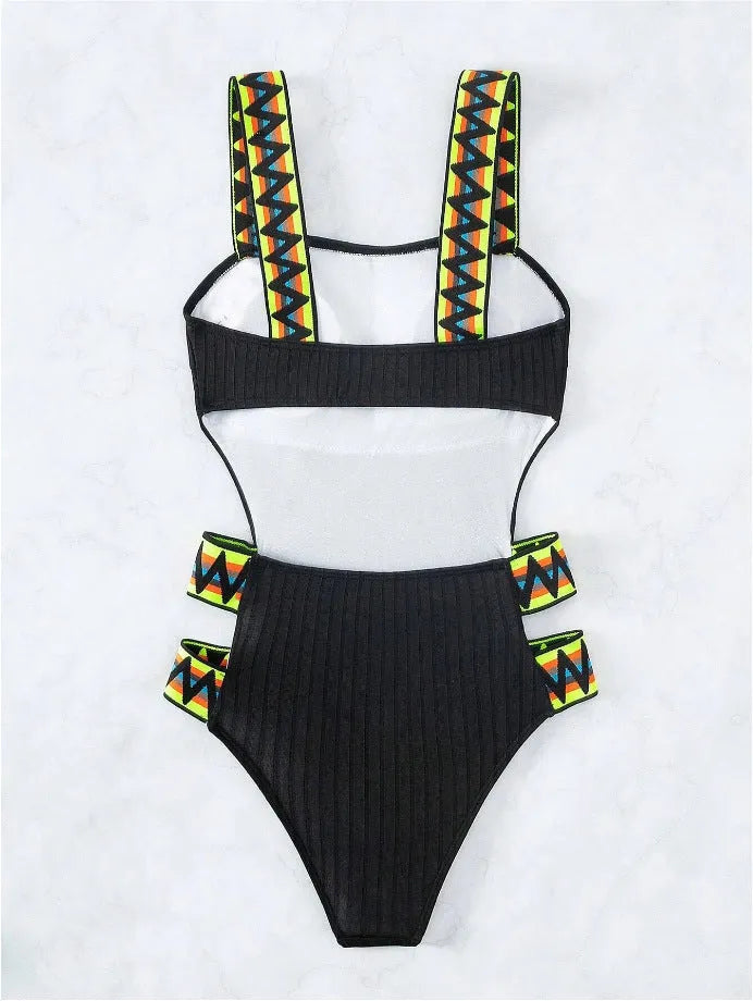 Women's solid colour one-piece swimsuit bikini in black or orange polyester fabric