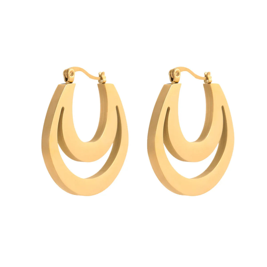 A pair of women's geometric French earrings with a round ring design, available in gold or steel colour.