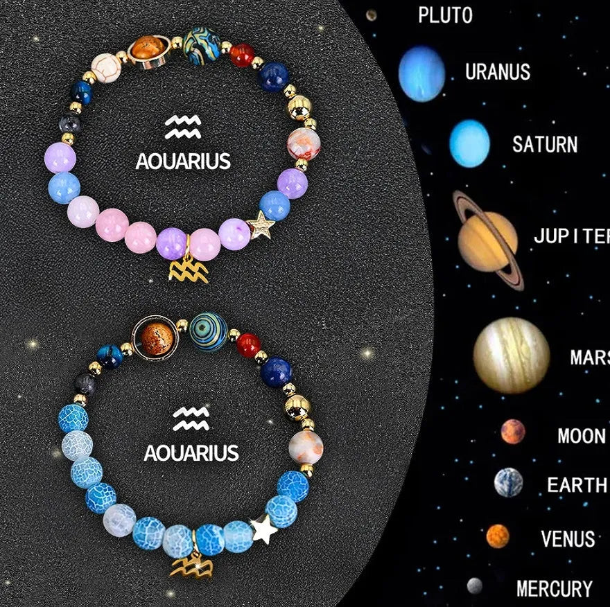 Natural stone beaded bracelets for the twelve zodiac signs laid out in a set.