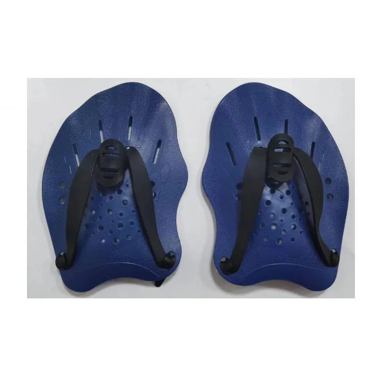 A pair of freestyle swim training paddles with hand webbing in multiple colour options on a blue background.
