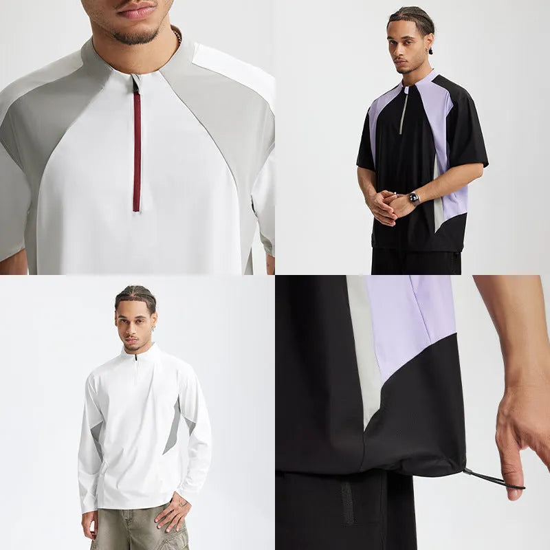 Men's solid colour polyester top showing stitching details and available in long or short sleeve black and beige options