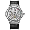 Men's automatic mechanical watch with hollow movement and diamond studs on white shell case with leather strap