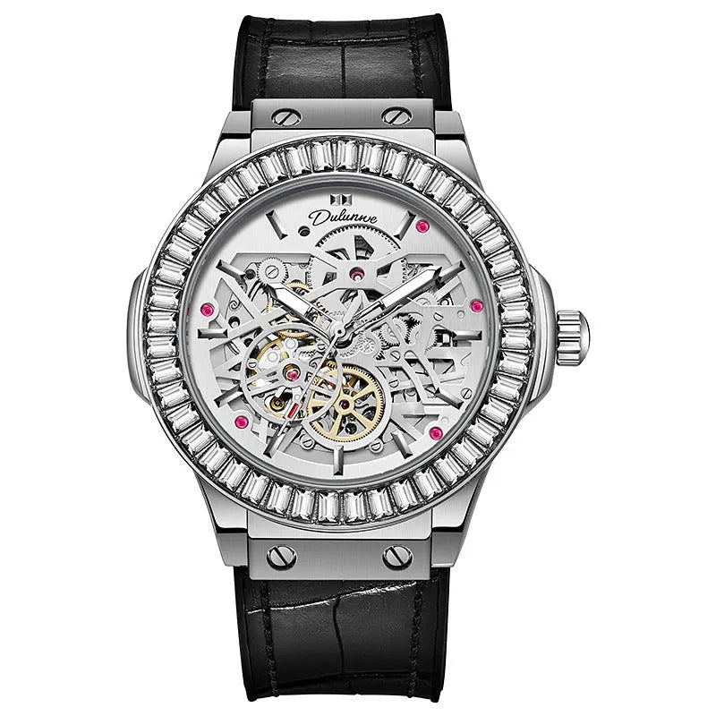 Men's automatic mechanical watch with hollow movement and diamond studs on white shell case with leather strap
