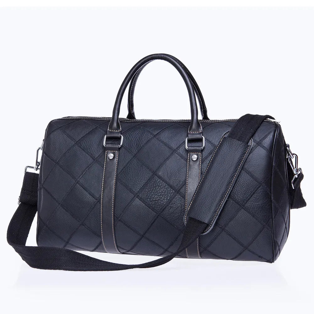 Men's vintage cowhide leather duffel bag with single strap, shown with internal phone and ID pockets.