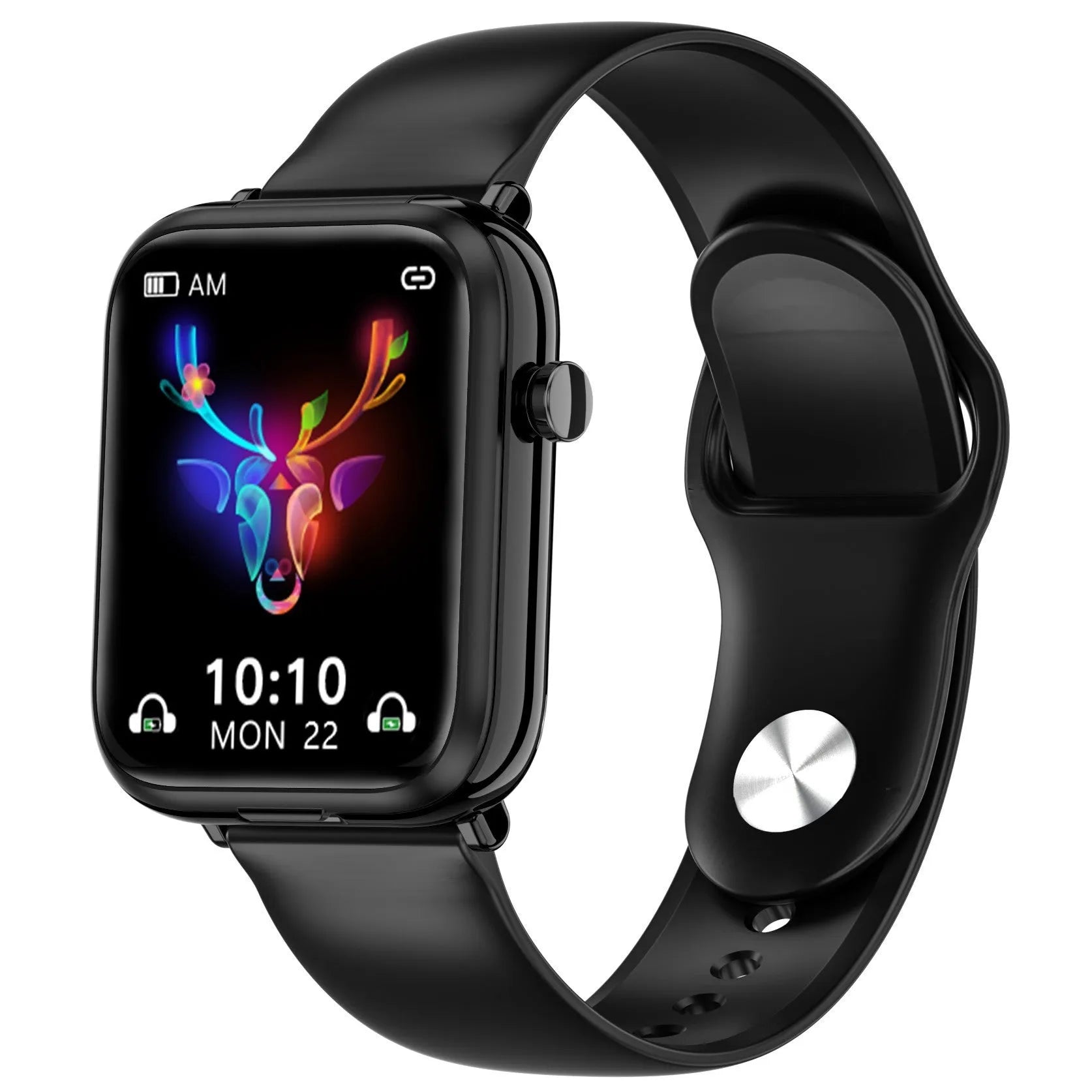 Black zinc alloy smartwatch with a 1.69-inch touch screen displaying a heart rate graph.
