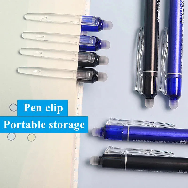 Hot erasable push gel pen with 0.5mm stainless steel nib and plastic shell in blue or black ink