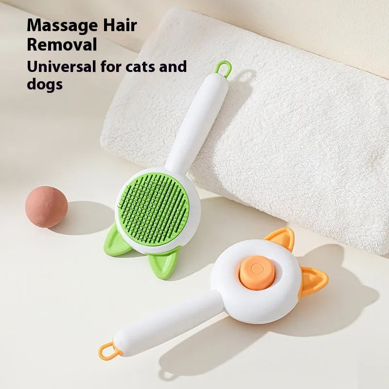 Self-cleaning pet grooming brush with stainless steel teeth in greenish white colour