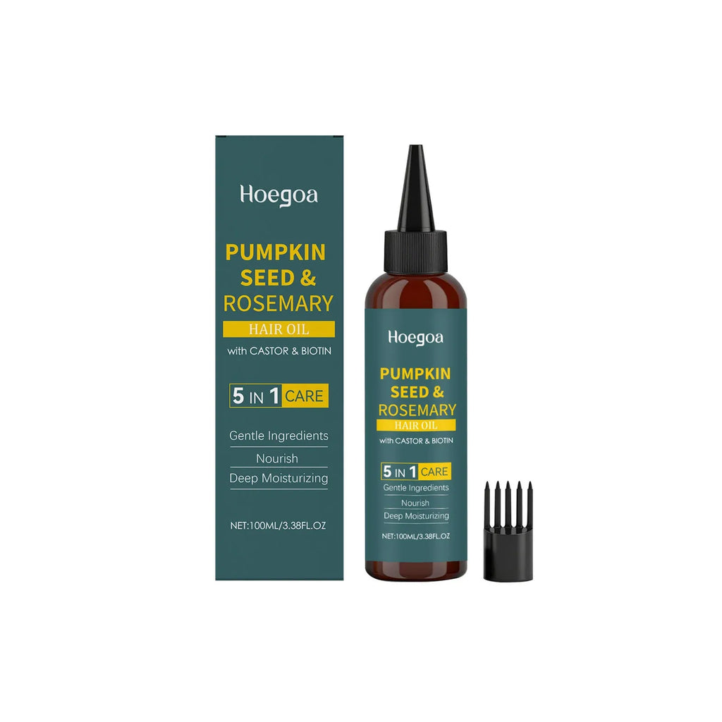 Rosemary hair essential oil 100 ml bottle with pointed applicator and hair comb on a white background.